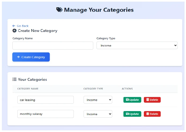 Category management screen for organizing income and expense types