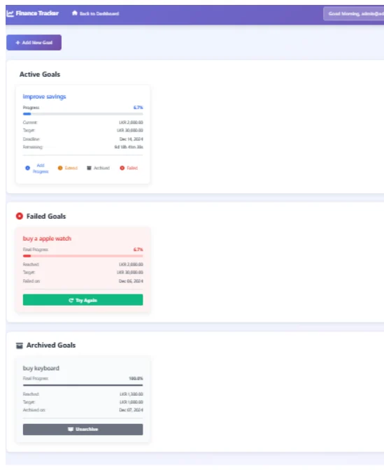 Financial goals with progress tracking