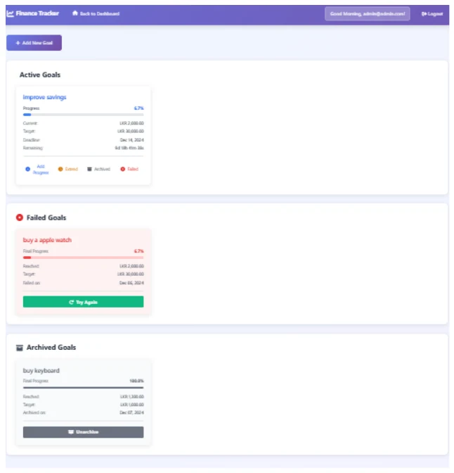 Financial goals page with active, failed, and archived goal cards and progress bars