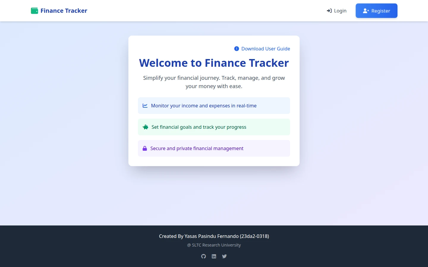 Finance Tracker landing page with welcome message and feature highlights