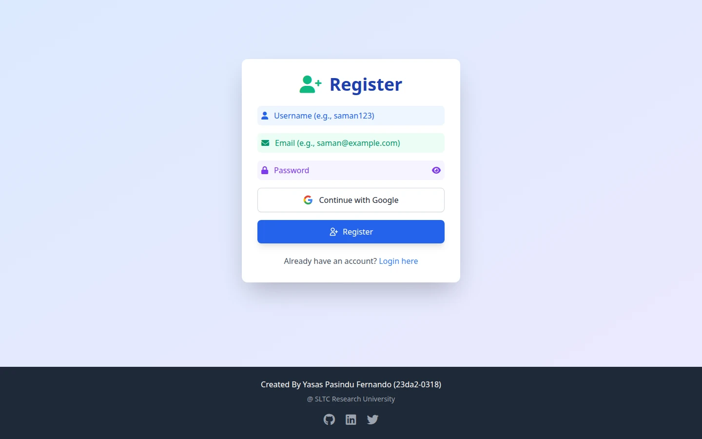 Finance Tracker registration form with name, email, and password fields