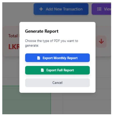Generate Report modal offering monthly and full PDF exports