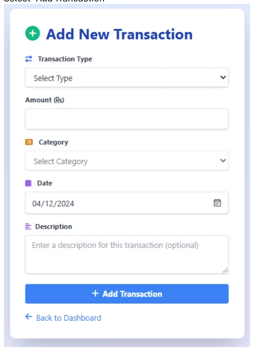 Add New Transaction form with type, amount, category, date, and description