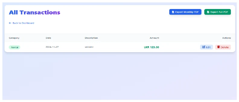 All Transactions list with PDF export