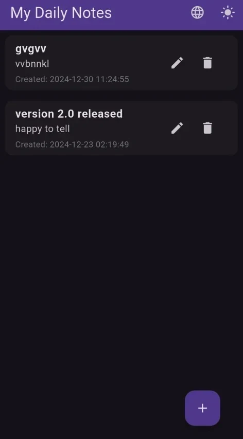 My Daily Notes app with note list, edit and delete actions, and theme toggle