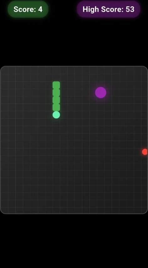 Snake Game gameplay with score, high score, and neon grid