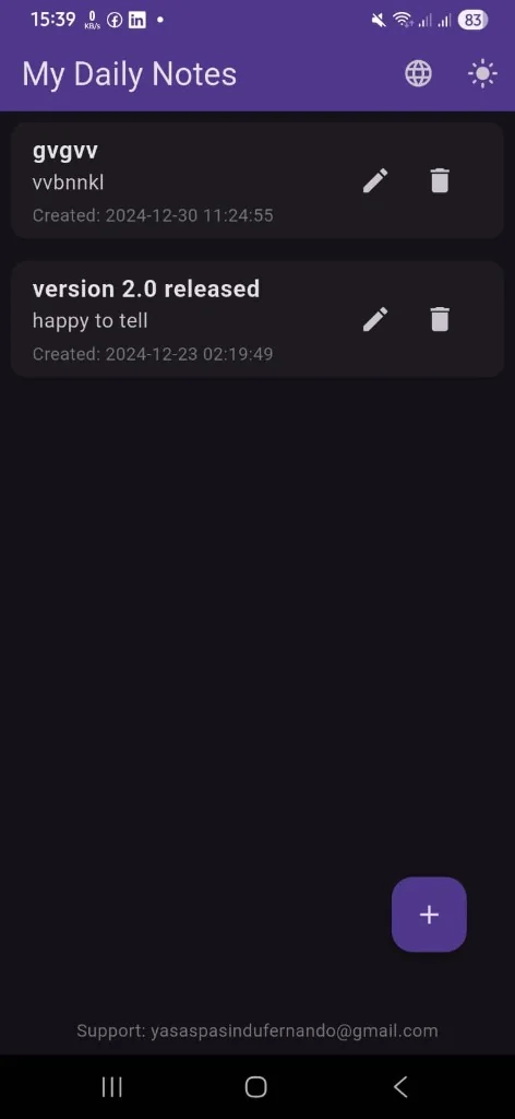 My Daily Notes full-screen view with note list and actions