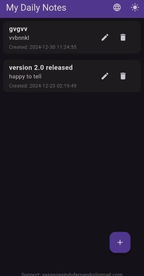 My Daily Notes app with note list, edit and delete actions, and theme toggle