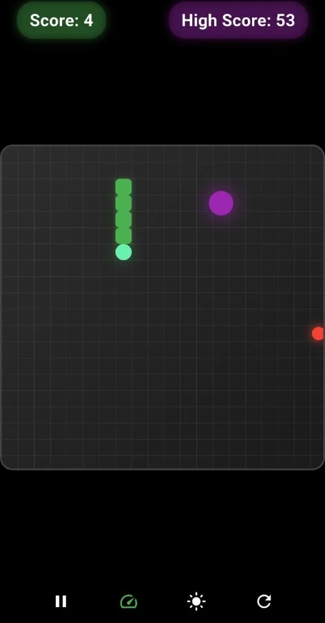 Snake Game gameplay with score, high score, and neon grid