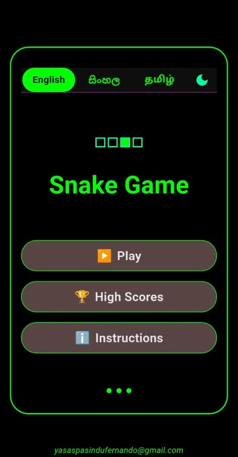 Snake Game menu with English, Sinhala, and Tamil language options