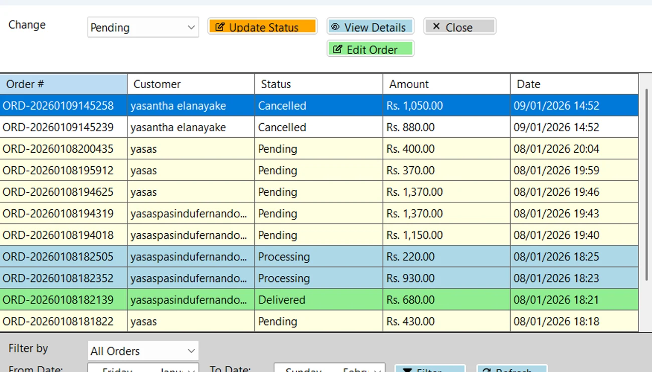 GreenLife manage orders with status-coded rows
