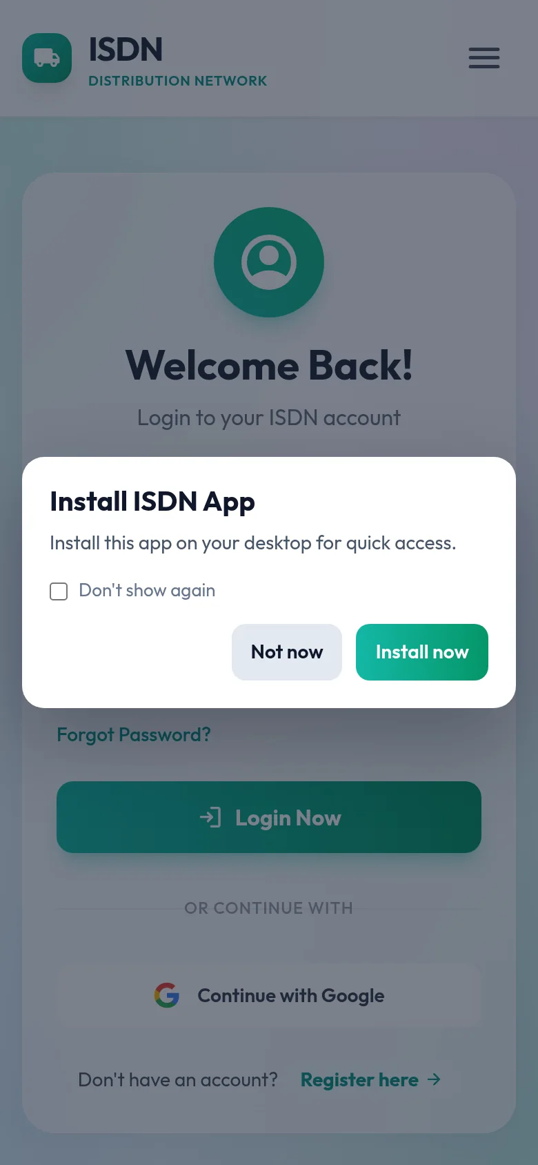 ISDN mobile landing PWA view