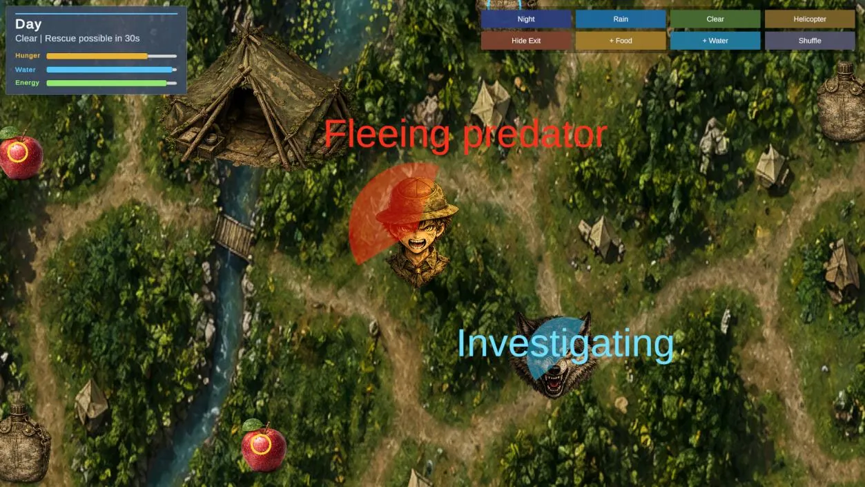Scout fleeing predator while wolf investigates