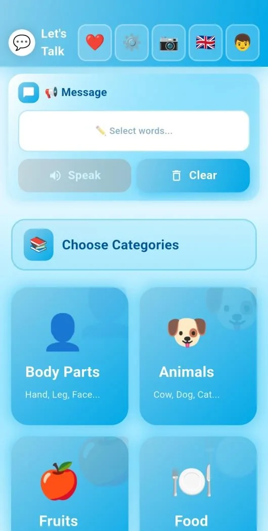 Smart AAC home screen with message composer and categories