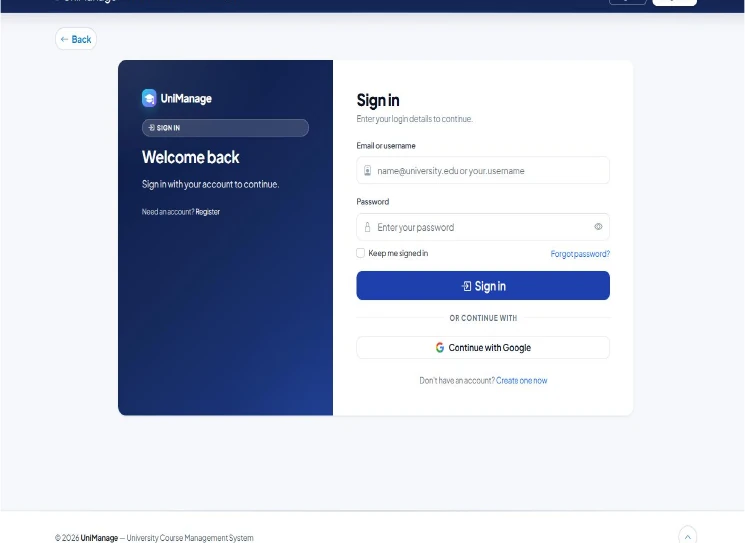 UniManage sign-in page with Google continue option