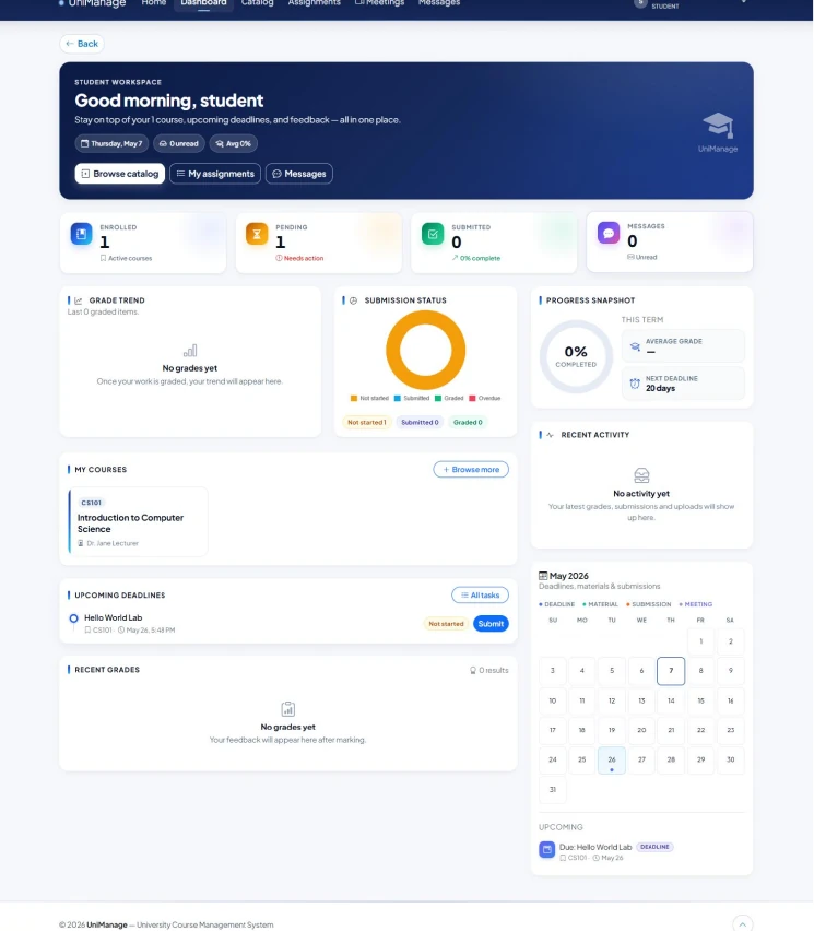 UniManage student dashboard