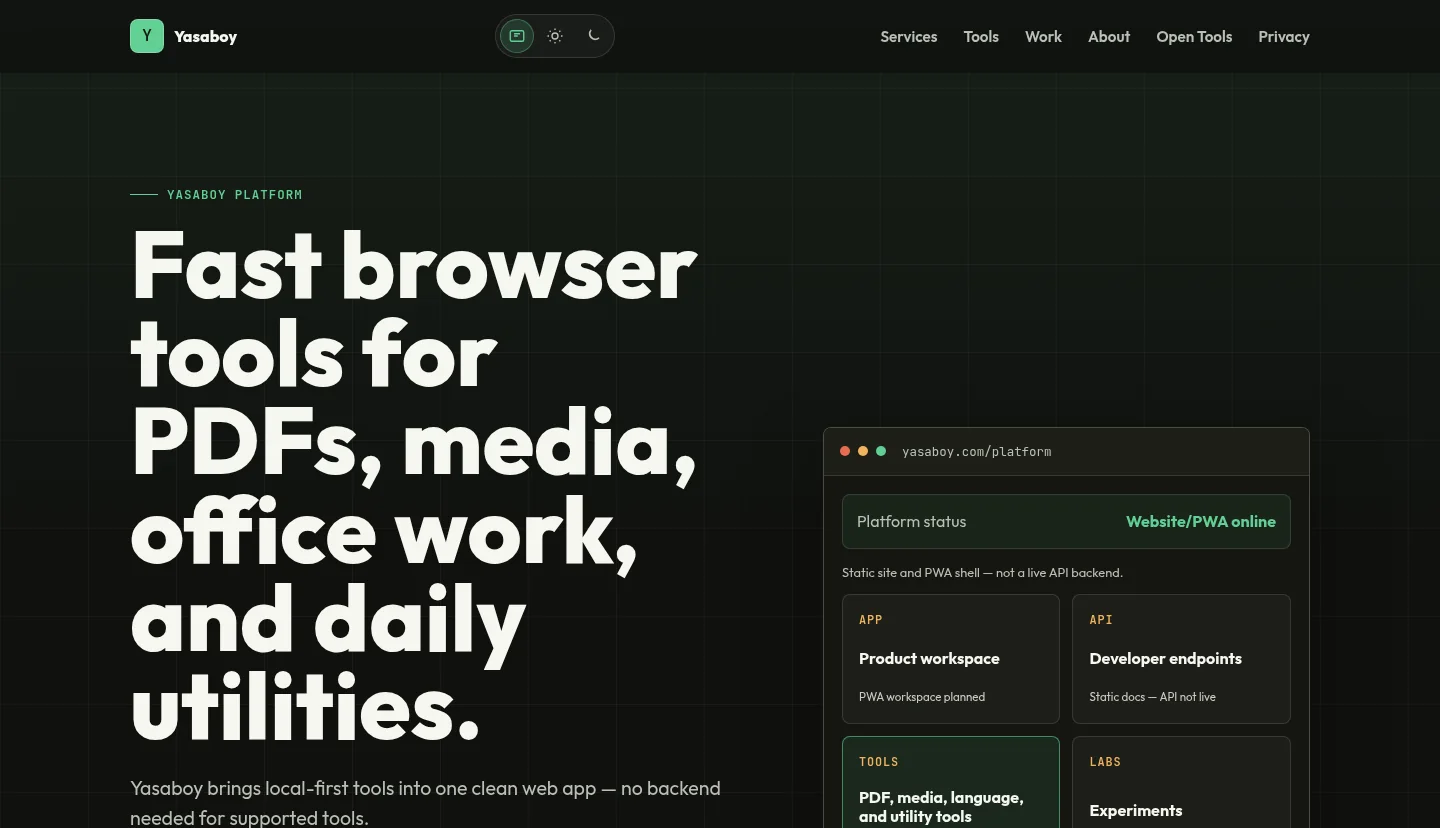 Yasaboy.com landing hero crop highlighting the tools platform headline