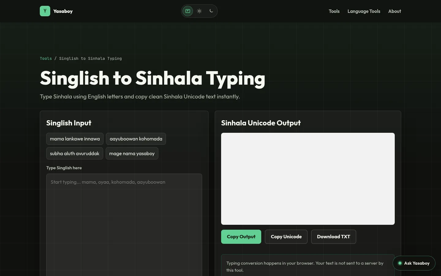 Yasaboy Singlish to Sinhala typing tool page