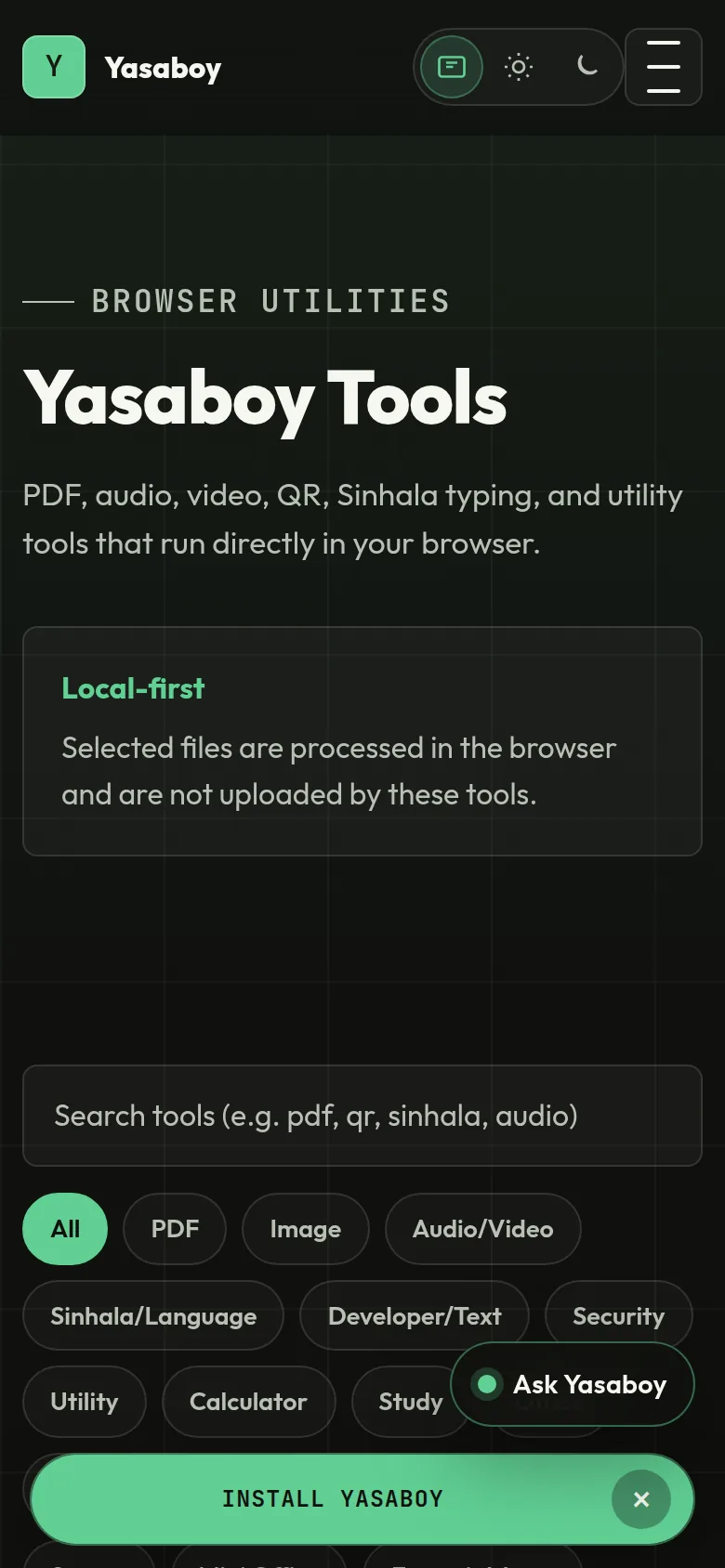 Yasaboy tools catalogue on a mobile viewport